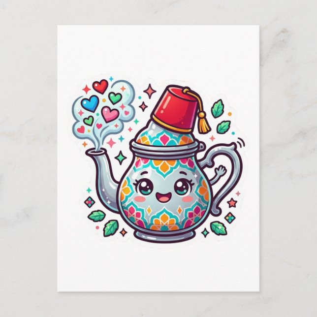 Kawaii Moroccan Mint Tea Pot Sticker Postcard (Front)