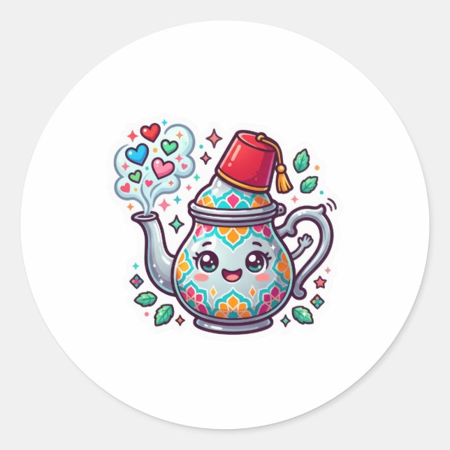 Kawaii Moroccan Teapot Card Classic Round Sticker (Front)
