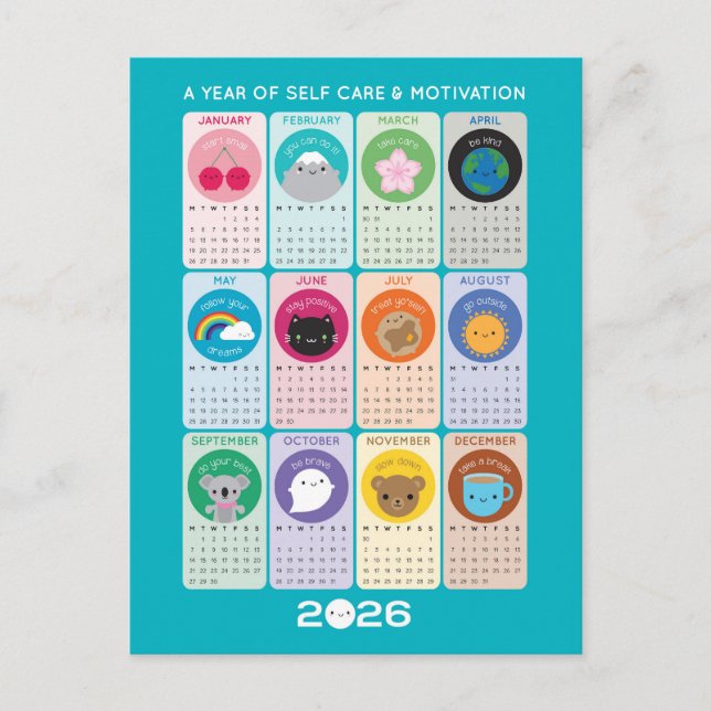 Kawaii Motivation & Self Care 2026 Calendar Postcard (Front)