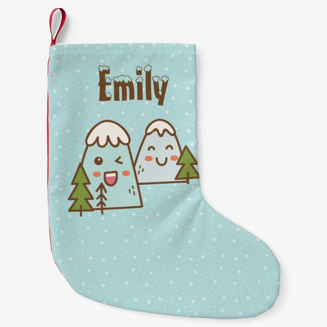 Kawaii Mountains in Snow Personalized Small Christmas Stocking (Front)