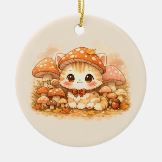 Kawaii Mushroom Forest Kitty Cute Autumn Cozy Cat Ceramic Ornament