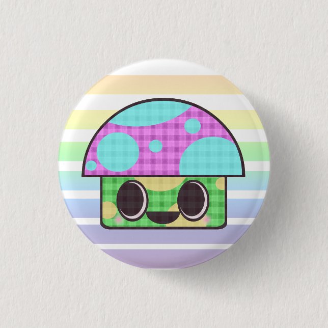 KAWAII MUSHROOM SHROOM GINGHAM PATCHWORK PLAID BUTTON (Front)