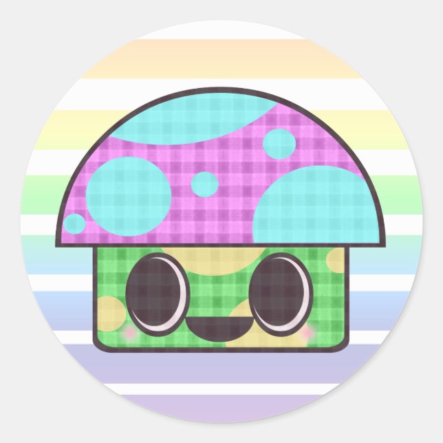 KAWAII MUSHROOM SHROOM GINGHAM PATCHWORK PLAID CLASSIC ROUND STICKER (Front)