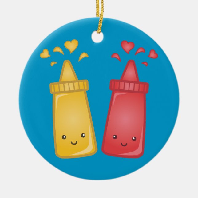 Kawaii Mustard and Ketchup Love Ceramic Ornament (Front)