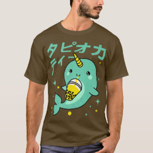 Kawaii Narwhal Drinking Boba Bubble Tea Kids Teen T-Shirt