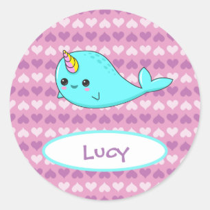 Kawaii Narwhal Purple Heart Name Sticker