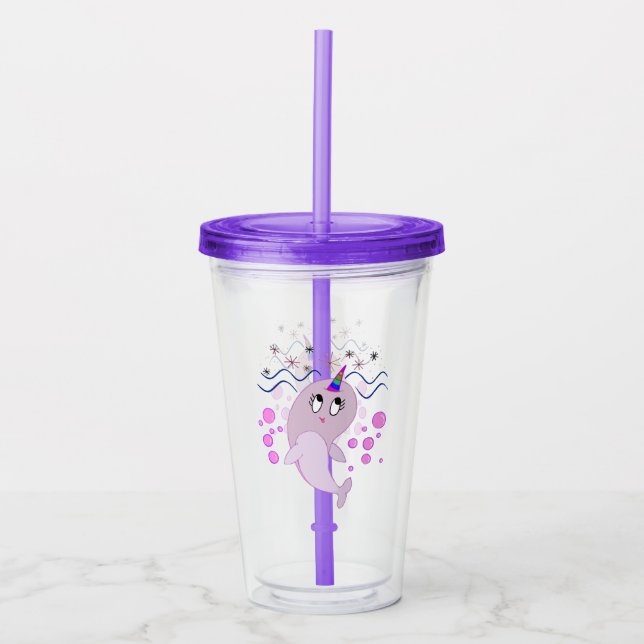 Kawaii Narwhal with Bubbles and Rainbow Horn Acrylic Tumbler (Front)
