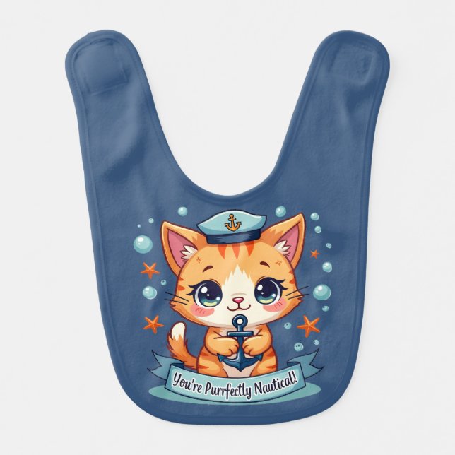 Kawaii Nautical Cat Sailing Anchor Pun  Baby Bib (Front)