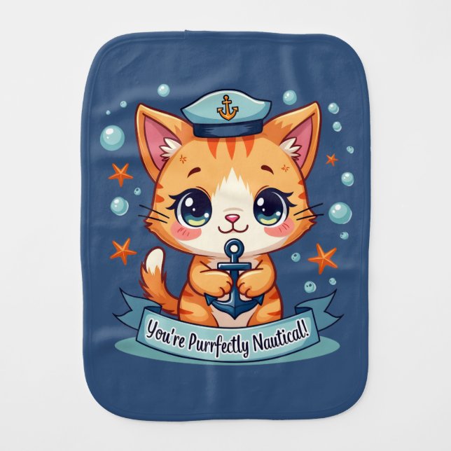 Kawaii Nautical Cat Sailing Anchor Pun  Baby Burp Cloth (Front)