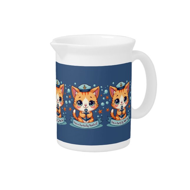 Kawaii Nautical Cat Sailing Anchor Pun Blue Beverage Pitcher (Right)