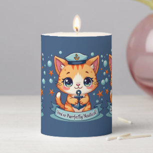 Kawaii Nautical Cat Sailing Anchor Pun Blue Pillar Candle