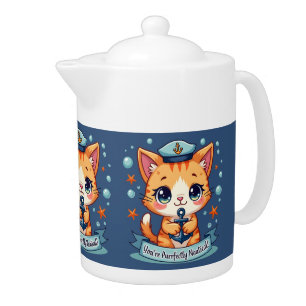 Kawaii Nautical Cat Sailing Anchor Pun Blue Teapot