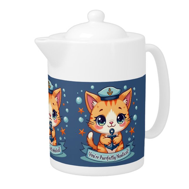 Kawaii Nautical Cat Sailing Anchor Pun Blue Teapot (Right)