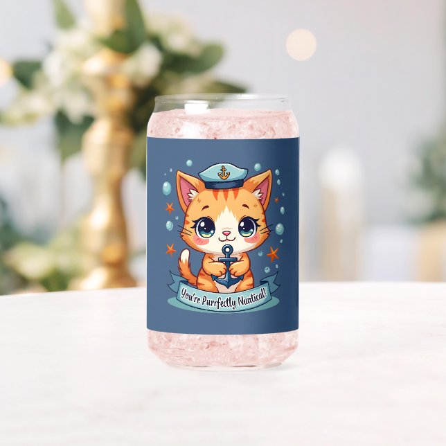 Kawaii Nautical Cat Sailing Anchor Pun Can Glass (Insitu (Wedding))