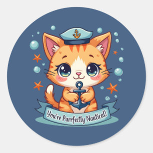 Kawaii Nautical Cat Sailing Anchor Pun Classic Round Sticker