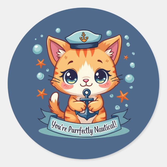 Kawaii Nautical Cat Sailing Anchor Pun Classic Round Sticker (Front)