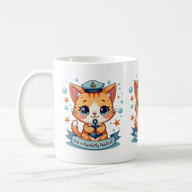 Kawaii Nautical Cat Sailing Anchor Pun Coffee Mug (Left)