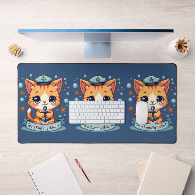 Kawaii Nautical Cat Sailing Anchor Pun Desk Mat (Office 1)