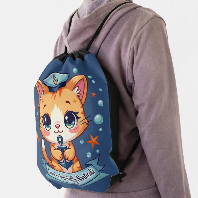 Kawaii Nautical Cat Sailing Anchor Pun Drawstring Bag (Insitu)