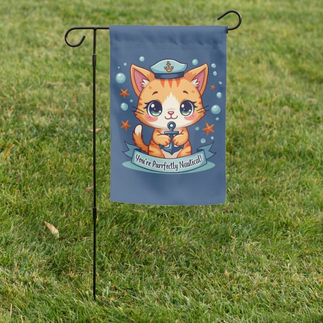 Kawaii Nautical Cat Sailing Anchor Pun Garden Flag (In SItu)