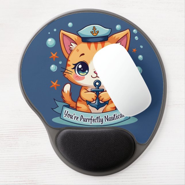 Kawaii Nautical Cat Sailing Anchor Pun Gel Mouse Pad (Left Side)
