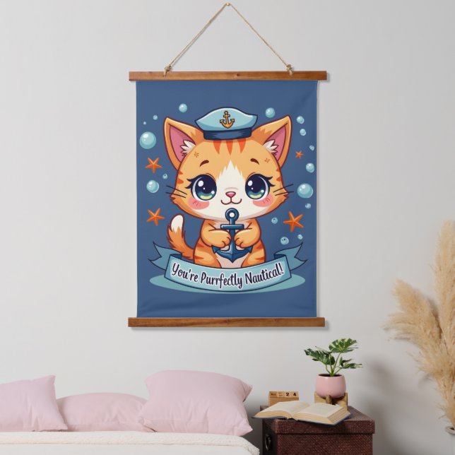 Kawaii Nautical Cat Sailing Anchor Pun Hanging Tapestry (Bedroom)