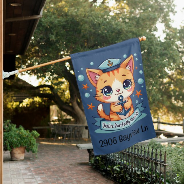 Kawaii Nautical Cat Sailing Anchor Pun House Flag (In SItu)