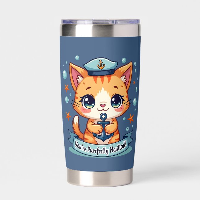 Kawaii Nautical Cat Sailing Anchor Pun Insulated Tumbler (Front)