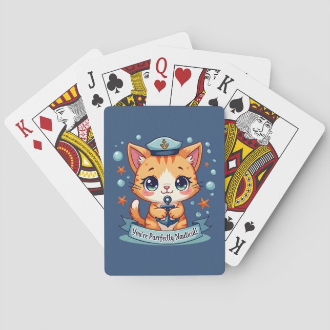 Kawaii Nautical Cat Sailing Anchor Pun Poker Cards (Back)