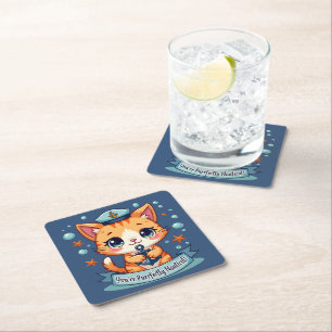 Kawaii Nautical Cat Sailing Anchor Pun Square Paper Coaster