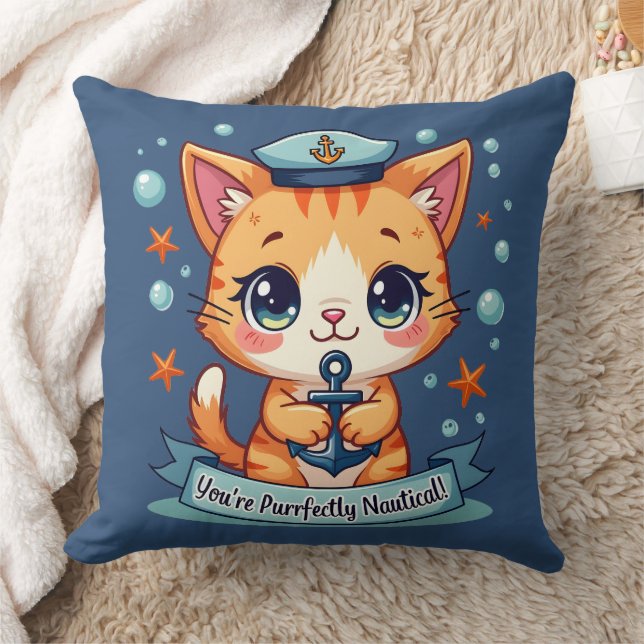 Kawaii Nautical Cat Sailing Anchor Pun Throw Pillow (Blanket)