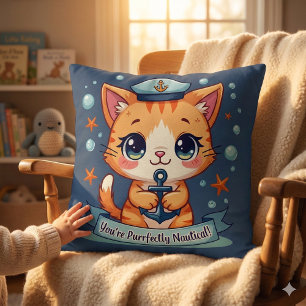 Kawaii Nautical Cat Sailing Anchor Pun Throw Pillow