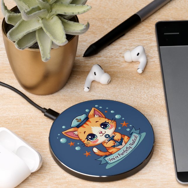 Kawaii Nautical Cat Sailing Anchor Pun Wireless Charger (Desk 2)