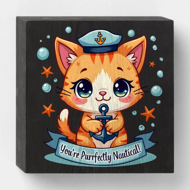 Kawaii Nautical Cat Sailing Anchor Pun Wooden Box Sign (Front Horizontal)