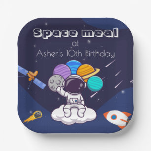 Kawaii Navy Blue Astronaut Space Theme Square Paper Plates