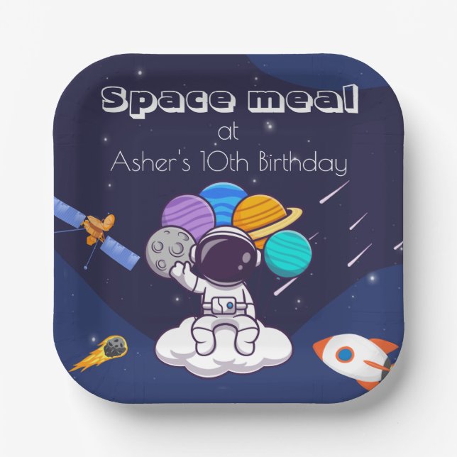 Kawaii Navy Blue Astronaut Space Theme Square Paper Plates (Front)
