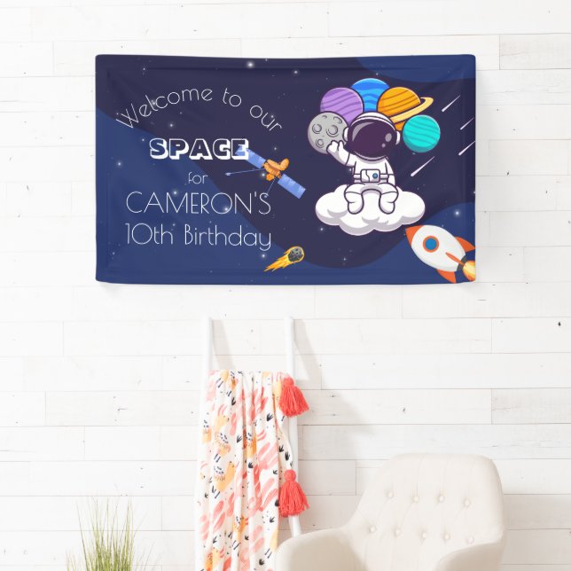 Kawaii navy blue space astronaut theme party banner (Insitu)
