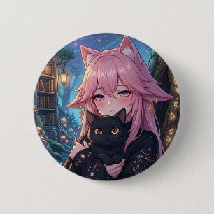 Kawaii Neko Anime Girl with Black Cat - Eclipse Ca Button