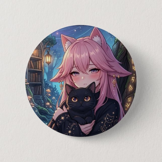 Kawaii Neko Anime Girl with Black Cat - Eclipse Ca Button (Front)