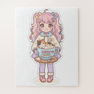 Kawaii Neko Cafe Anime Girl Chibi Jigsaw Puzzle