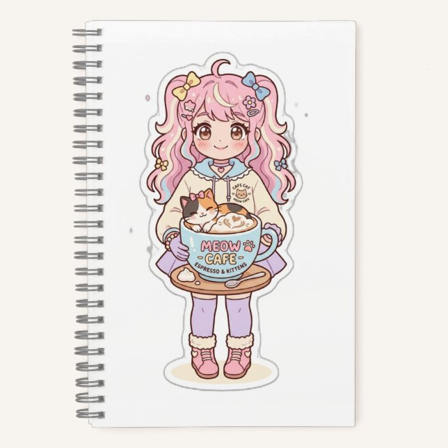 Kawaii Neko Cafe Anime Girl Chibi Notebook (Front)