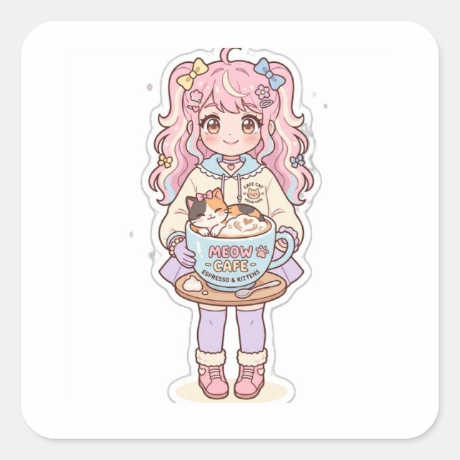 Kawaii Neko Cafe Anime Girl Chibi Sticker (Front)