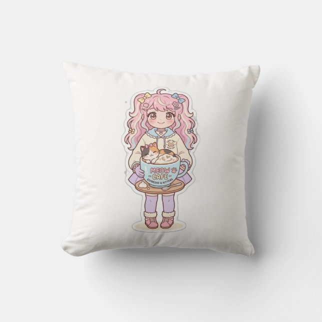  Kawaii Neko Cafe Anime Girl Chibi Throw Pillow (Front)