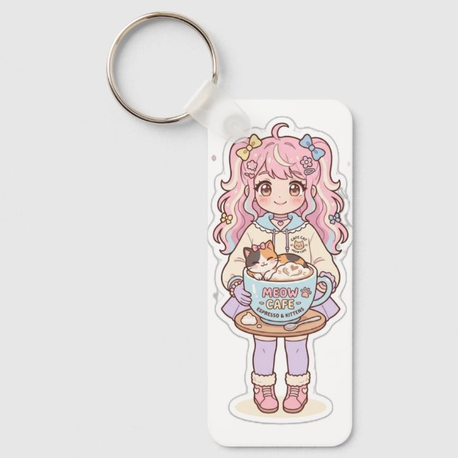 Kawaii Neko Cafe Chibi Anime Girl Key Chain (Front)