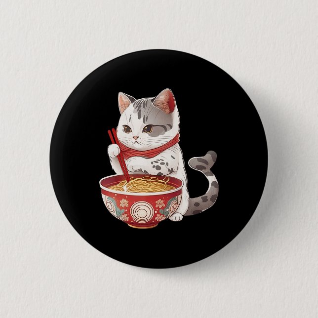 Kawaii NeKo Cat Eating Ramen Noodles Japanese Food Button (Front)