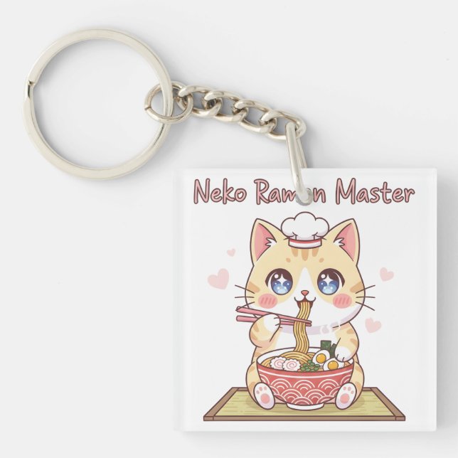 Kawaii Neko Ramen Master Cute Cat Food Chef Keychain (Front)