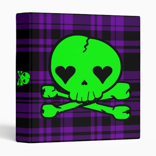 Kawaii Neon Green Skull on Purple Plaid Binder