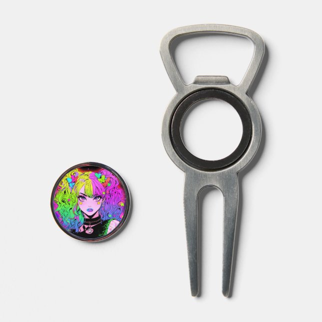 Kawaii Neon Rainbow Pigtails Bangs Anime Girl Divot Tool (Front (Open))