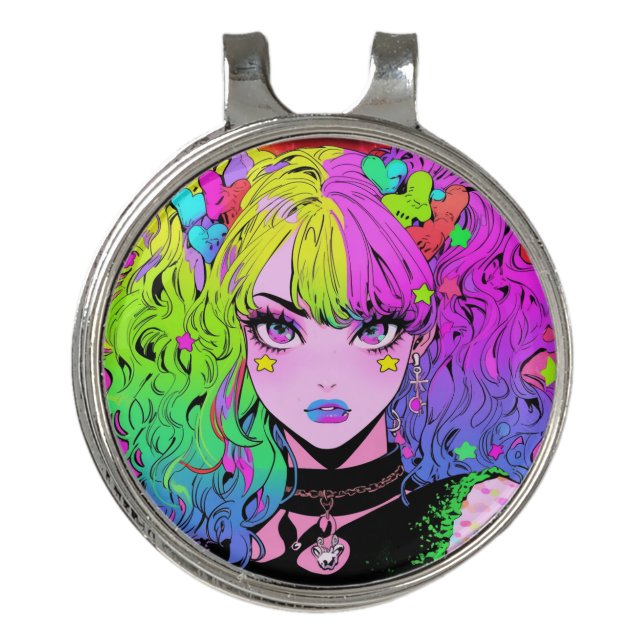 Kawaii Neon Rainbow Pigtails Bangs Anime Girl Golf Hat Clip (Front)