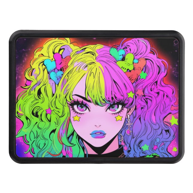Kawaii Neon Rainbow Pigtails Bangs Anime Girl Hitch Cover (Front)